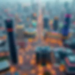 Aerial view of International City Dubai showcasing various business establishments