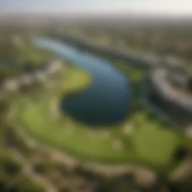 Aerial View of Jumeirah Golf Course Aerial view of Jumeirah Golf Course showcasing its lush green fairways and intricate landscaping