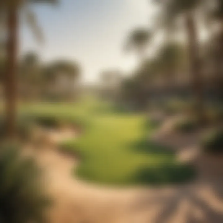 A detailed view of one of the championship holes at Jumeirah Golf Course surrounded by palm trees