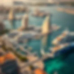 Aerial view of Jumeirah Harbour showcasing luxurious yachts and vibrant waters