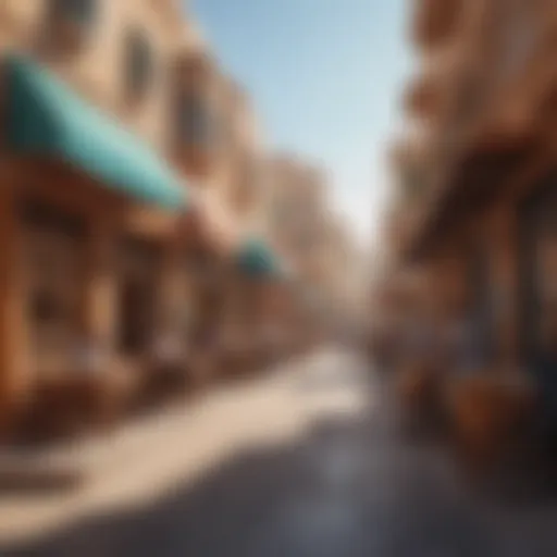 A bustling street scene in Al Qusais showcasing local shops and cafes