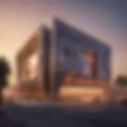 Exterior view showcasing the Nasir Building's innovative design against the Dubai skyline
