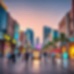 A vibrant town square bustling with activity in Dubai