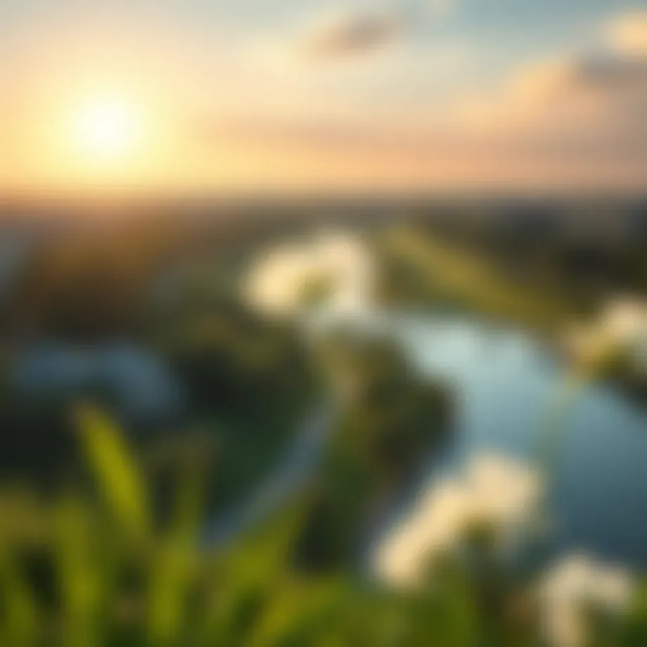 A picturesque view of The Meadows featuring lush greenery and serene lakes