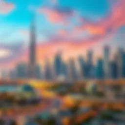 A panoramic view of Dubai's skyline featuring iconic skyscrapers