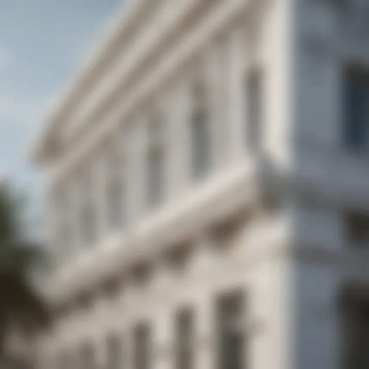 Close-up of the White Crown Building's facade highlighting its unique aesthetic features and texture.