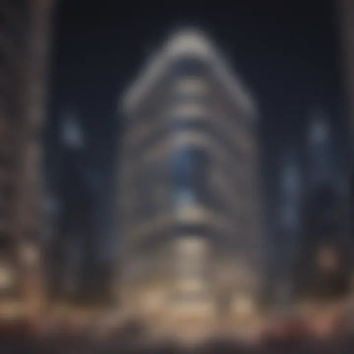 The White Crown Building illuminated at night, reflecting its elegant presence in Dubai's skyline.